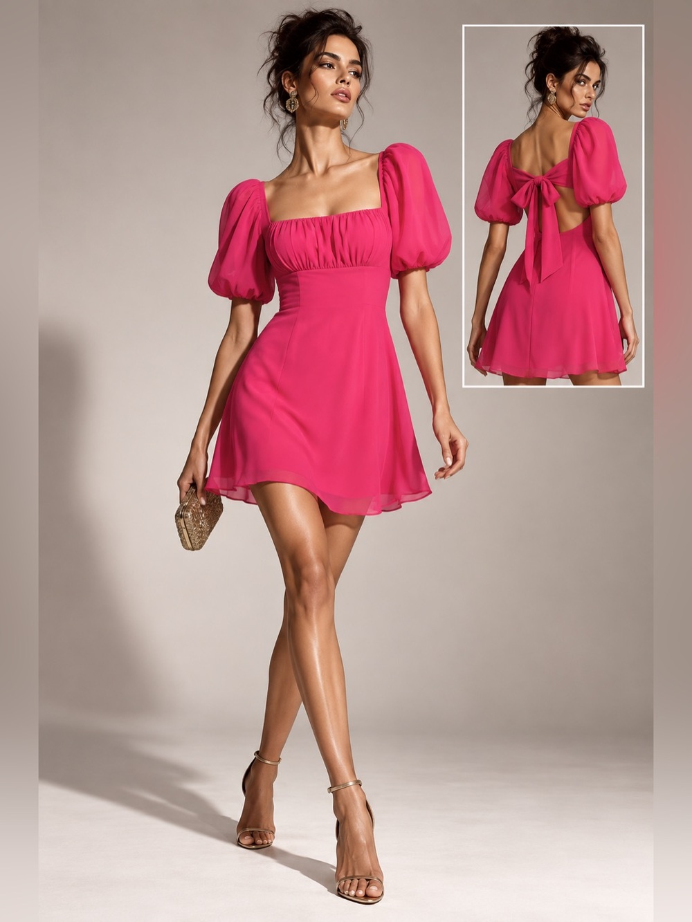 Women’s Size M Hot Pink Mini Dress Puff Sleeve Square Neck Open Back Tie Wedding